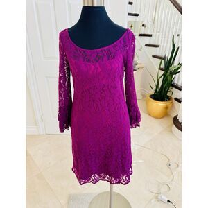 Vintage‎ Kelly & Diane Hot Pink Bell Sleeve Sheer Lace Lined Y2K Dress 8